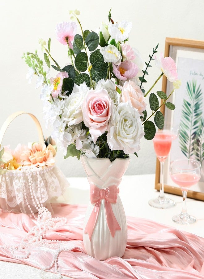Ninehaoou Pink Bow Vase for Home Decor 7.1 Inch Cute Coquette Gifts for Women Girls Shabby Chic Decorative Ceramic Hand Made Vases for Bouquet Flower Modern Aesthetic Living Room Wedding Decor - Image 4